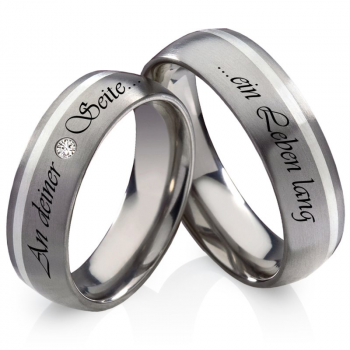 Partnerringe Titanringe mit Silbereinlage PT064 mit Zirkonia und Außengravur